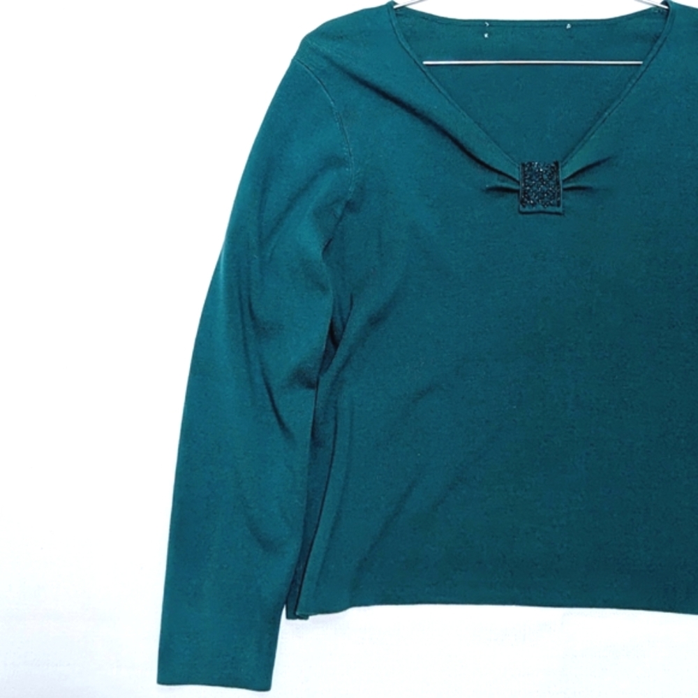 Green Long Sleeve Shirt | Beaded  | VNeck | Vintage | Shabby Chic | Bohemian |
